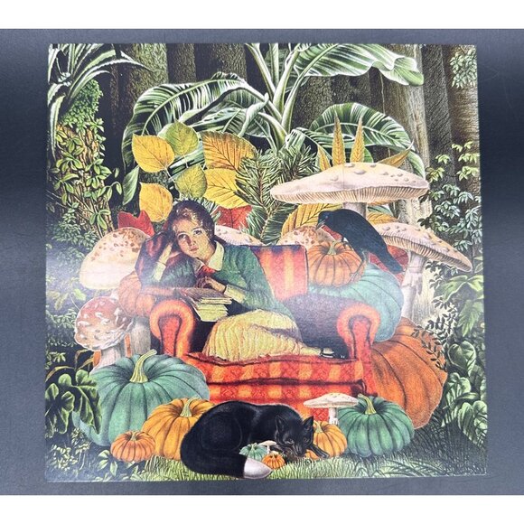 Surreal Art Print By Bev Acton Halloween Pumpkin Black Cat Mushroom 8 In by 8 In - Picture 2 of 7